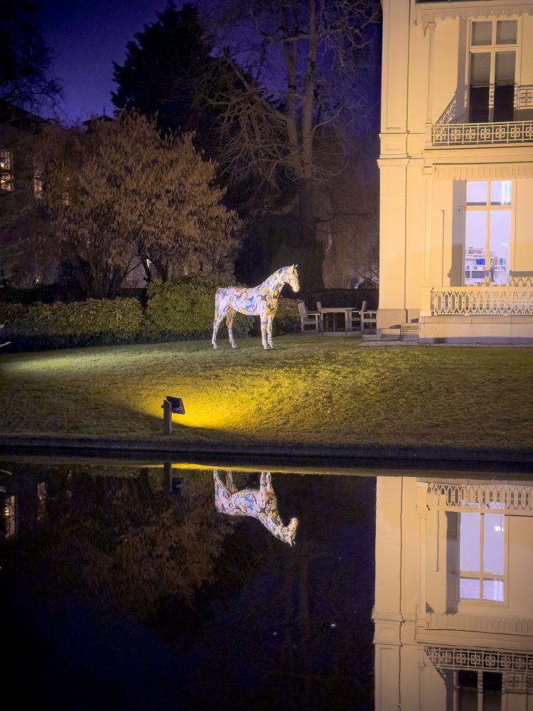 A colorful, life-sized horse sculpture stands illuminated on a grassy lawn at night, casting a vivid reflection in a calm body of water. The backdrop features a large, elegant white building with balconies and lit windows, alongside leafless trees and trimmed bushes under a deep blue evening sky.