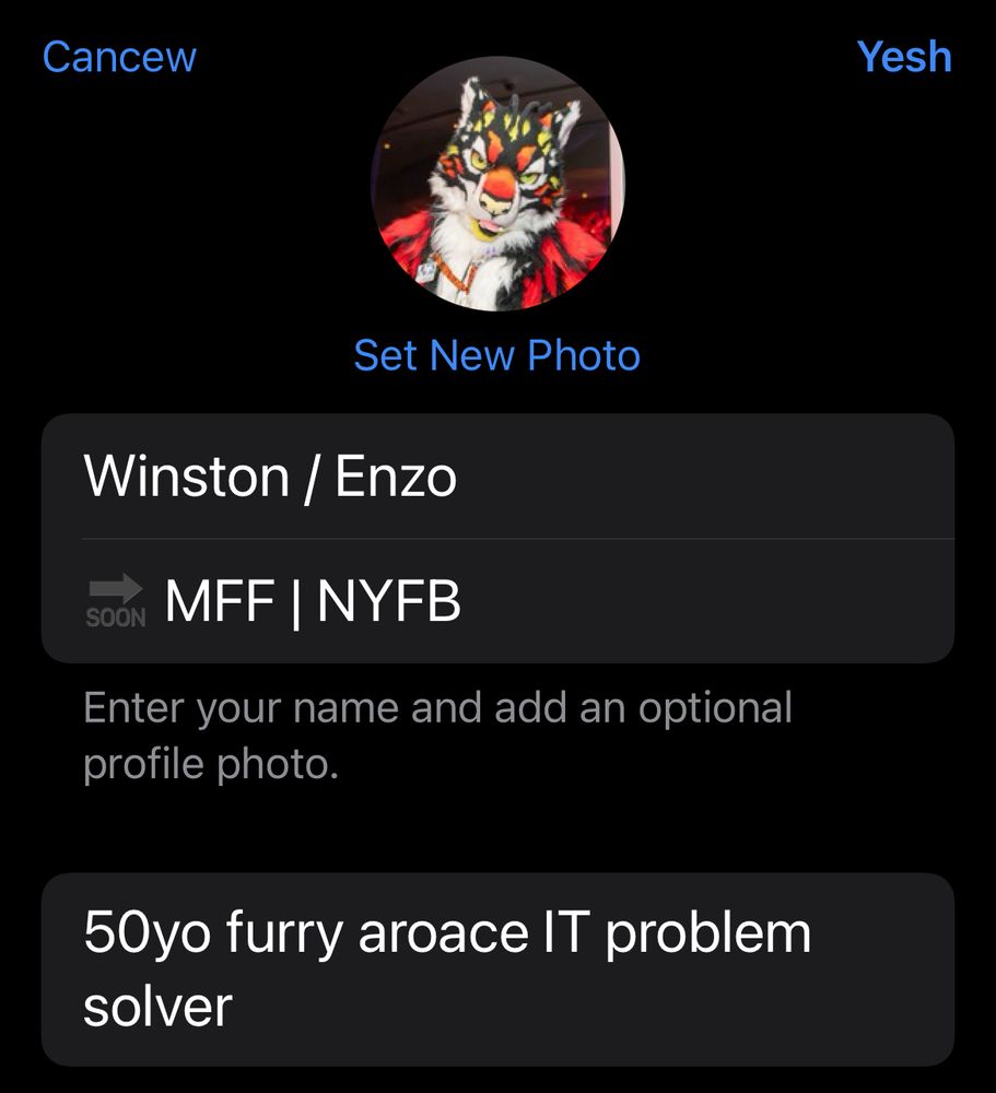 Updated Telegram profile removing Megaplex, changing future cons to MFF and NYFB, and me now being 50 years old