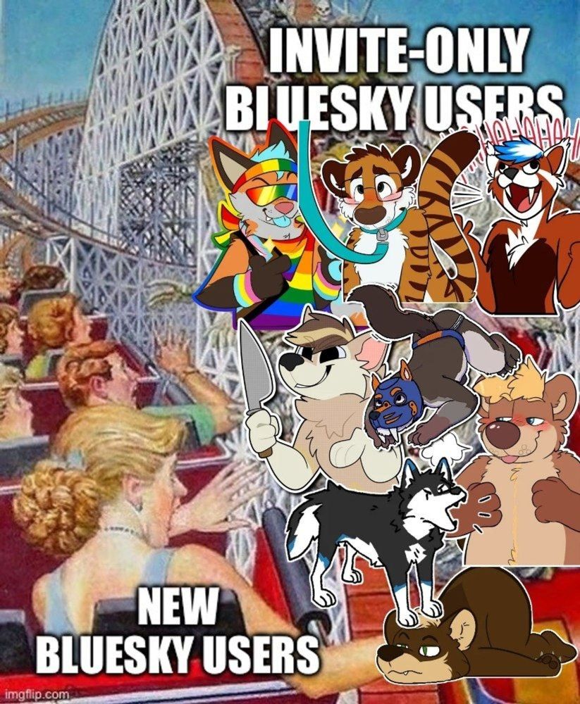 Meme image of a rollercoaster carload of people, tagged 