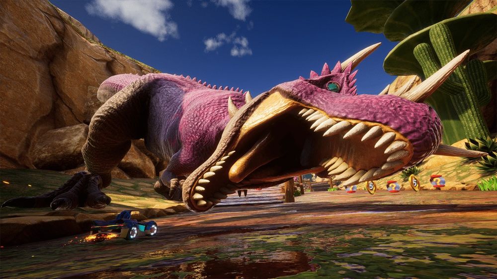 A large purple dinosaur with horns leans forward, mouth agape, ready to bite whoever drives past it. From a track based on Dinosaur Jungle from Sonic and the Secret Rings.
