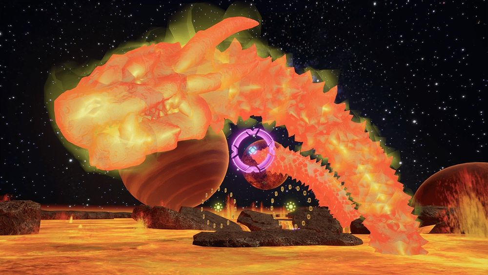 What looks to be a space-faring race track. The surface is lava, with a dragon-esque creature coming out of the lava, also made out of lava. A lot of lava here. The sky is full of stars, and other planets look relatively close