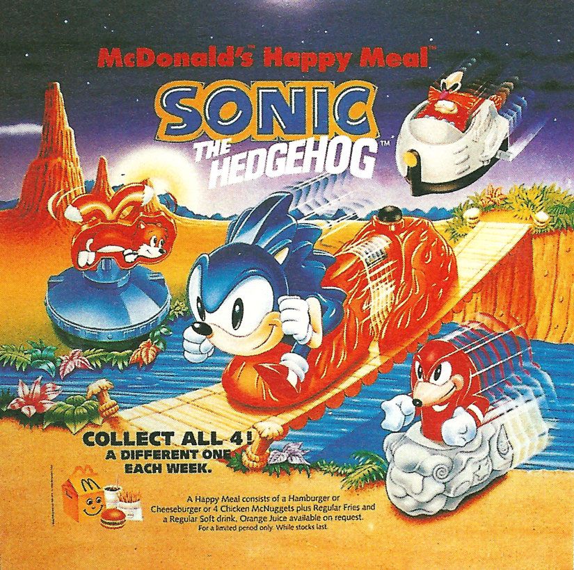 The flyer for the UK Sonic the Hedgehog Happy Meal promotion. Four toys are featured, including a revised Miles "Tails" Prower toy.