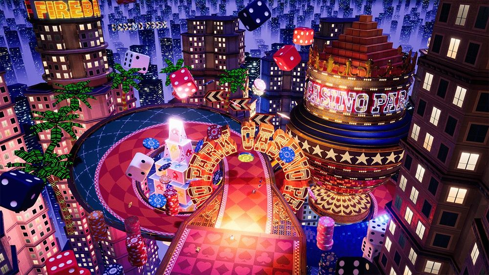A track based on Casino Park, originally from Sonic Heroes. Large Dice are seen floating about, the words "Casino Park" both circling the race track and upon a building next to the track. 