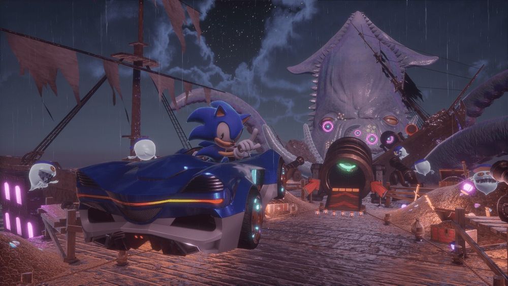 Sonic the Hedgehog drives on the ruins of a pirate ship. In front of him, a large kraken. On either side, ghosts which resemble those first featured in Sonic Adventure 2. Likely based on the stage Pirate Storm from Sonic and the Secret Rings. 