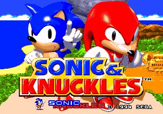 The title screen for Sonic & Knuckles. Sonic the Hedgehog stands on the left, Knuckles the Echidna in the right, a crashed Death Egg behind them. The character of Sonic is currently selected as the playable character.