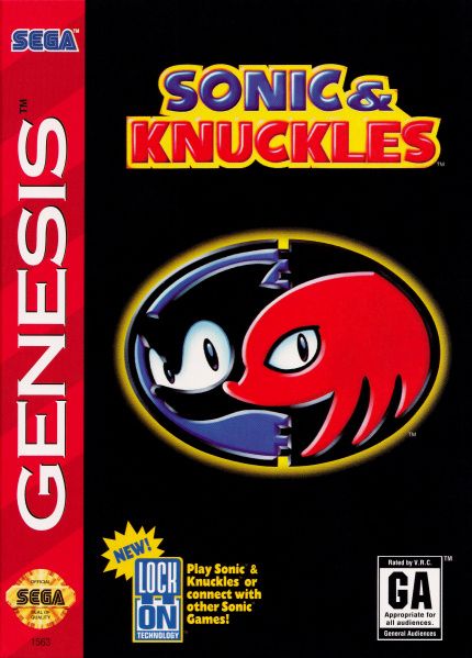 The cover to the North American version of Sonic & Knuckles on the Sega Genesis. The logo for the game sits on top of the box art, with a graphical logo representing Sonic and Knuckles in the middle. Rated GA for General Audiences. Features the Lock-On Technology logo in the corner.