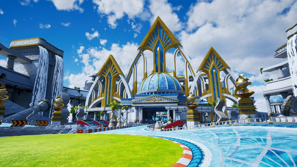 Water Palace, from Sonic Racing CrossWorlds. It is based on the stage from Sonic Rush. Ornate structures of gold and blue are seen, along with a road that is semi-transparent, letting you see the water below. 
