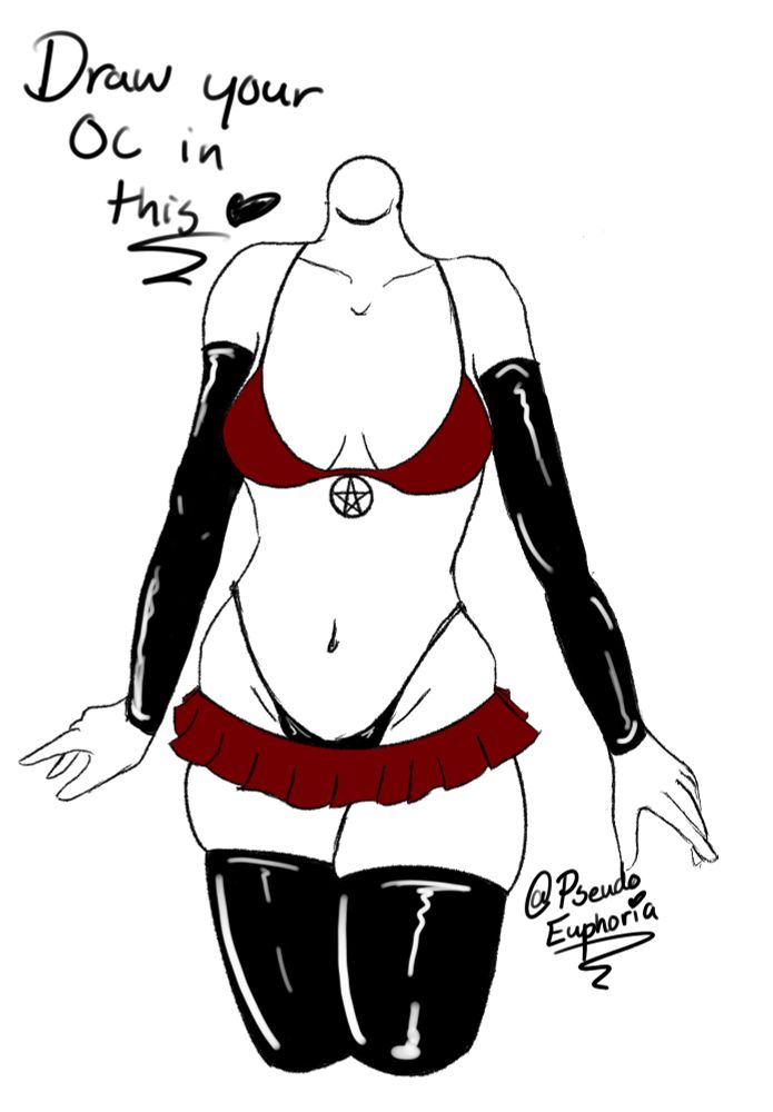 a sketch of a body wearing a red micro skirt and bikini top and black latex sleeves and thigh highs. 