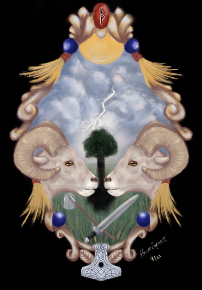 a digital painting depicting two goats facing each other surrounded by a frame of wheat and red and blue accents. At the top is a red stone with the thurisaz rune and the bottom has an ornate design. In the frame below the goats is a sword and a hoe and above there is a tree in the distance and storm clouds with lightning. 