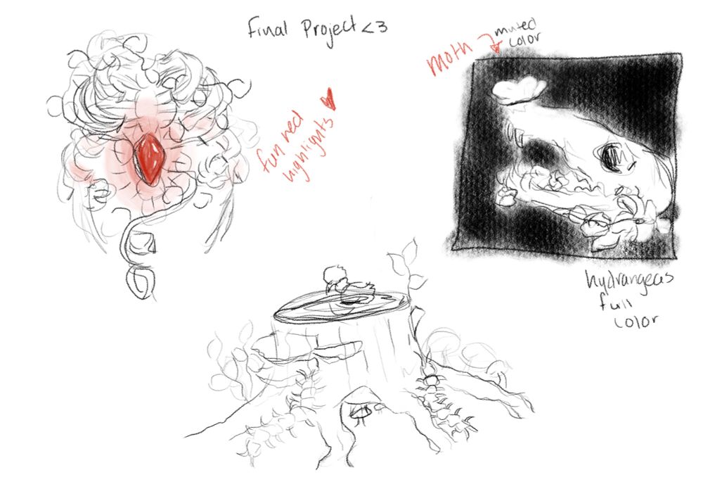 three sketch thumbnails on a white background. There's a ribcage with vines through it and a glowing red crystal heart, a tree stump covered in mushrooms and centipedes, and a canine skull with sketchy flowers and a moth on its nose. There's some notes about colors to use like muted colors, colorful flowers, and red  highlights. 