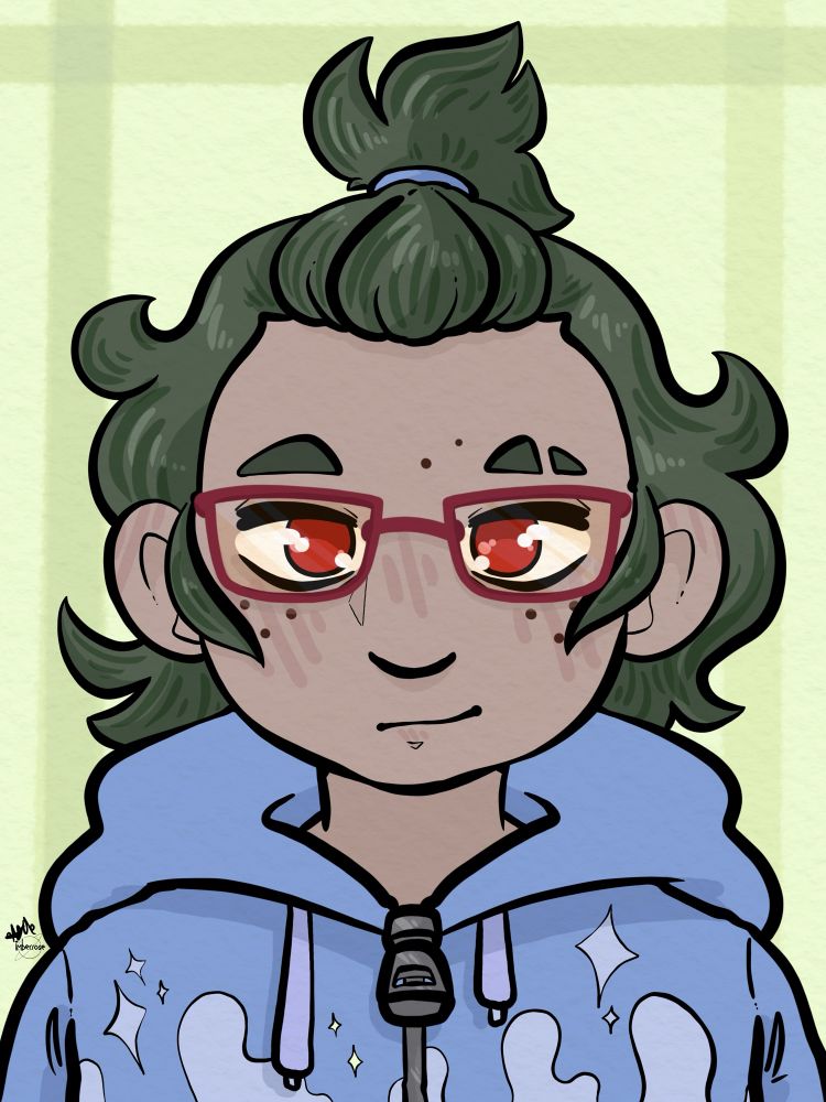A digital character bust of a male character with green hair tied back and up into a bun/short pony, freckles, red eyes, glasses and wearing a blue zip up hoodie
