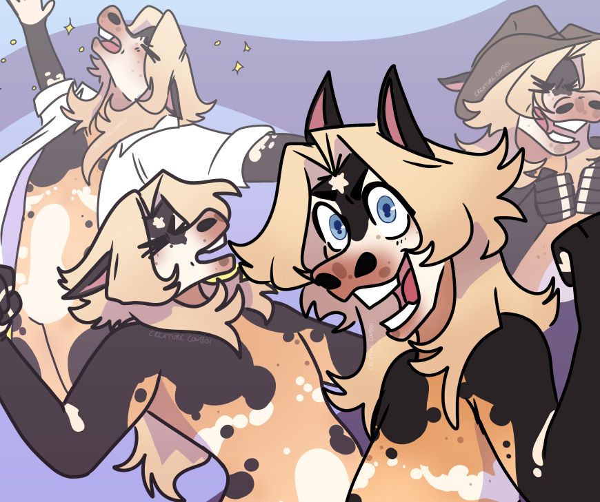 black and blonde horse furry in four positions of celebration.