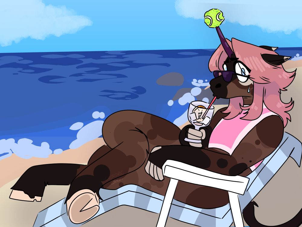 brown unicorn furry in pink top drinking an empty glass looking nervous while on a beach. He sits in a beach chair and has a tennis ball on the tip of his horn