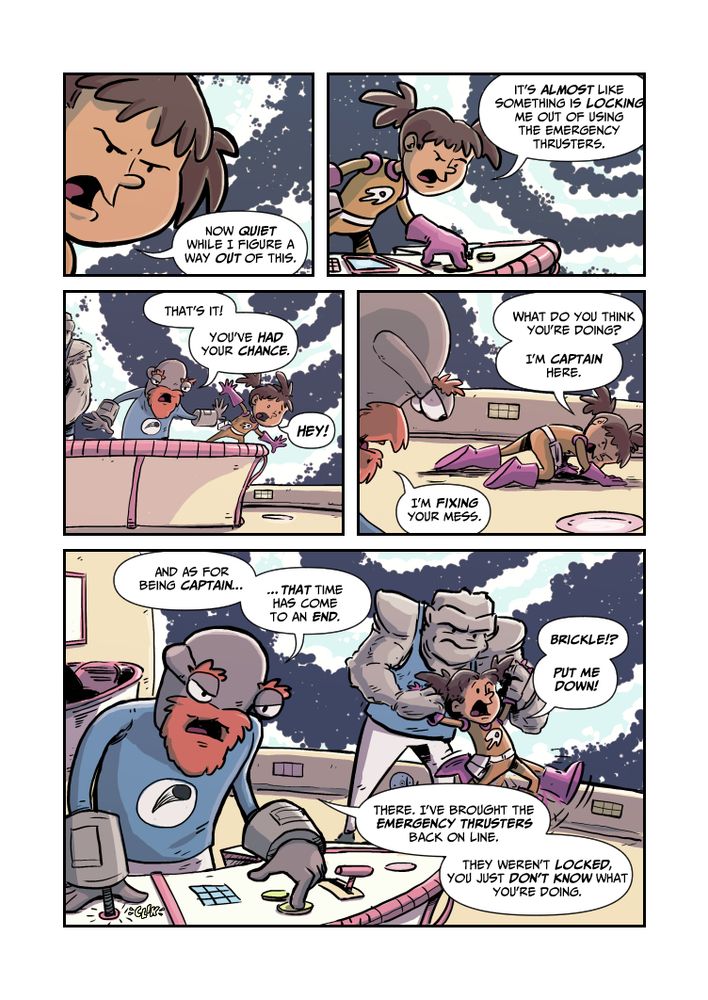 Comic page. Captain Agnes continues her attempt to save the ship from falling into a black hole. She is pushed aside by her first mate Dredric and held captive while he "saves" the ship.