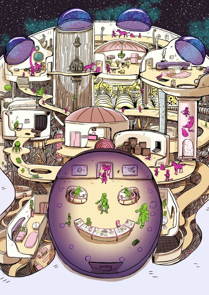 Illustration of spaceship interior. Lots of floaty round rooms with criss crossing paths. At the center is the bridge.