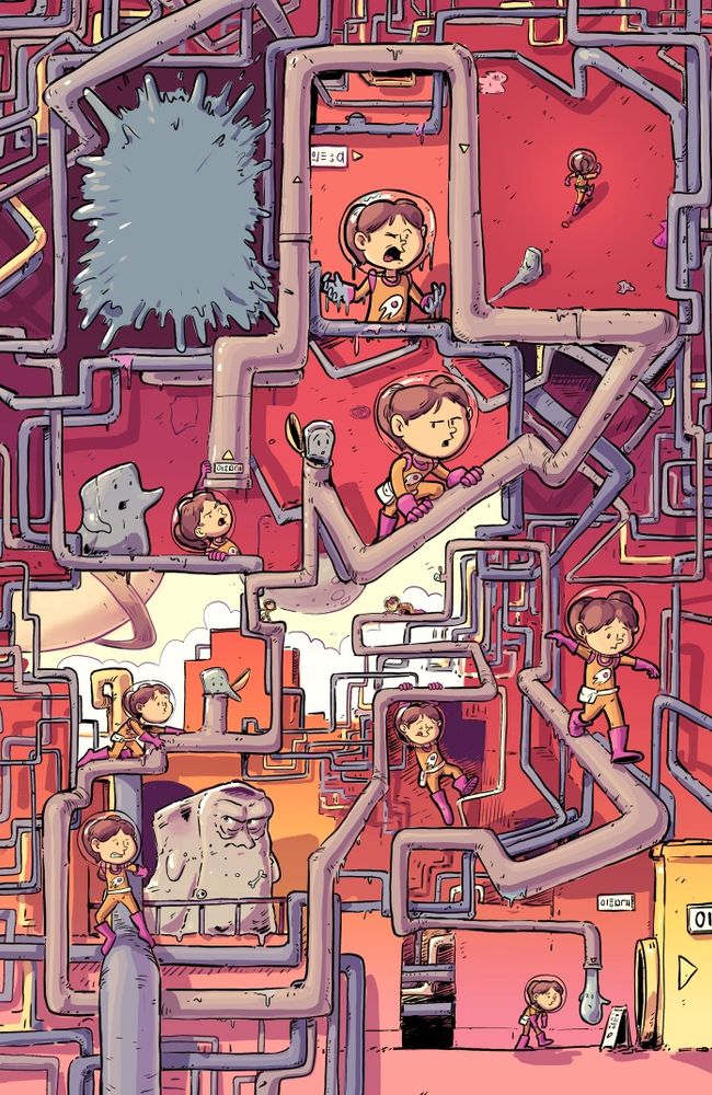 Splash page comic featuring Agnes and Gob crawling around on a huge mess of pipes.