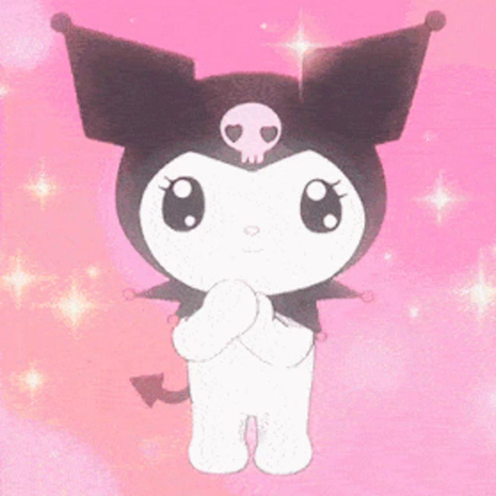 a cartoon character with a skull on its head and a tail is standing on a pink background .