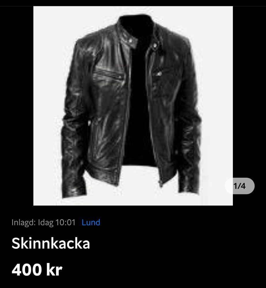 Annons för en skinnjacka med rubriken ”skinnkacka”