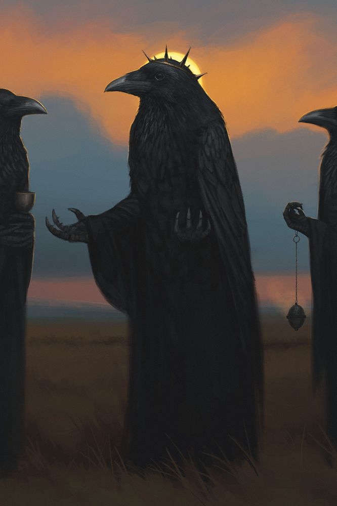 A tall humanoid crow figure stands with hands outstretched in the middle of a brown field at sunset. On his head is a sharp spiked metal crown, highlighted by the disk of the setting sun like a halo.