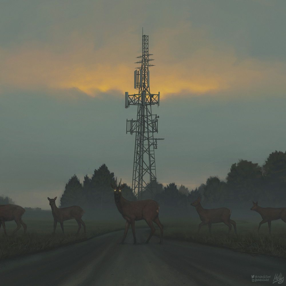 A small herd of roe deer stand on a road before a tall radio mast shrouded in mist and surrounded by trees. The middle deer of the five has stopped on the road and its head is turned towards the viewer. Its mouth is unnaturally extended with large thin teeth, and its eyes glow with bright yellow light.