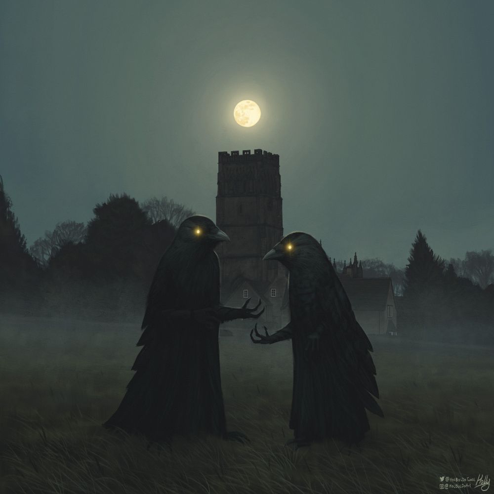Two figures with crow features on their top half and robes on their lower half stand in an empty grassy field facing each other surrounded by mist. Each has a yellow glowing eye. 
Behind them is a tall but heavy church tower with battlements on its parapet. To its left and right are tall trees of various types. All are backlit by a full moon that hangs just above the tower that blots out any stars from the night sky, and bathes the rest in eerie light.