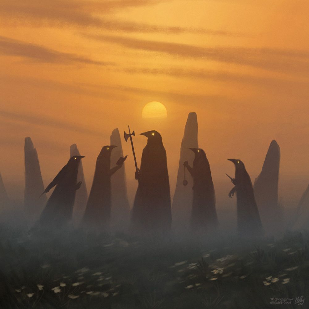 In a misty field full of grass and flowers against a hazy orange sunrise, 5 dark cloaked humanoid figures with crow heads and glowing eyes stand before a 5 tall ancient standing stones. Each crow is holding an object: the outer pair brandish short daggers, the left of the inner pair has a book while the right carries a censer from a chain. The central figure holds a long pollaxe.
