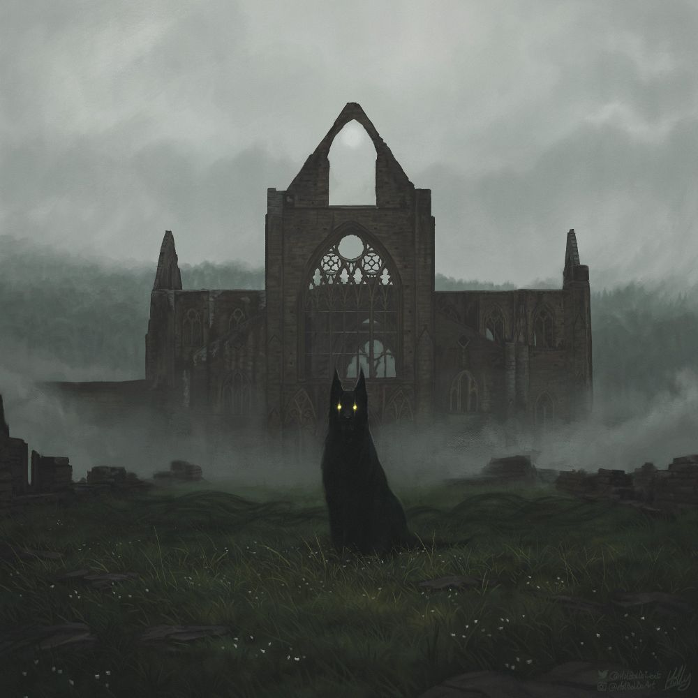 A dark black dog with a snarling mouth and two bright glowing eyes sits on some grass before a large gothic ruin. The ruin is old and stoney and features intricate stonework. It is shrouded in a low mist. In the background, a tall hill covered with trees fades into the misty sky.