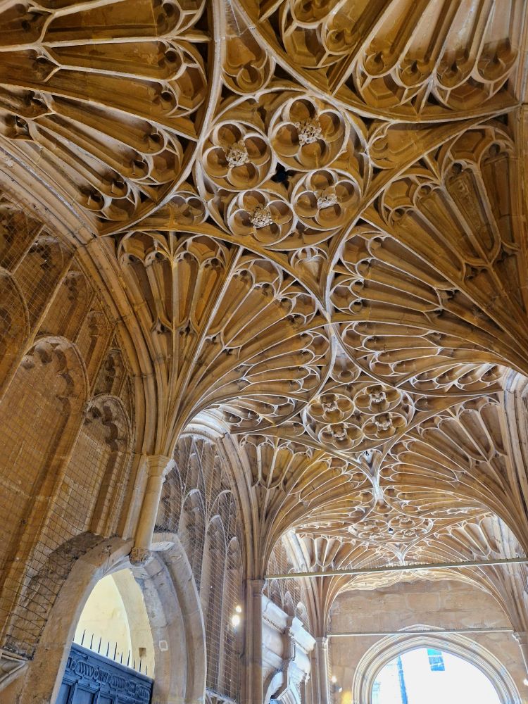 The interior of a fan-vaulted stone passageway. Each section is made from a desert of stone ribs arranged radially around a point, creating semicircular conoids that meet at their apexes, creating a fanning effect.