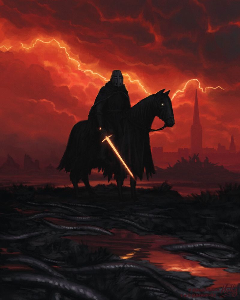 A dark knight wearing a great helm sits upon a dark horse with a tattered black caparison. He holds an orange glowing sword in his hand.
Behind him, red lightning crosses the sky and illuminates the background, featuring a flooded landscape dotted by small islands with ruined structured. On the right hand side in the distance is a tall cathedral spire.
In the foreground. the dark and puddled terrain is populated by large leech-like creatures slithering.