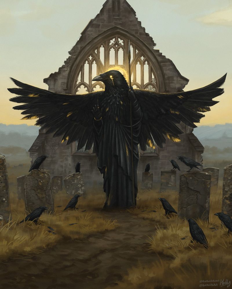 A tall humanoid crow stands with outstretched wings. Its feathers become flowing robes. The wing feathers have small patches of gold. In one hand it holds a long spear, and the other hand is raised with a symbolic gesture. Around the crow are old weathered gravestones on which many ravens sit. Behind the crow is a gothic ruin of a large window with elaborate tracery. The sky is a light and clear sunrise.