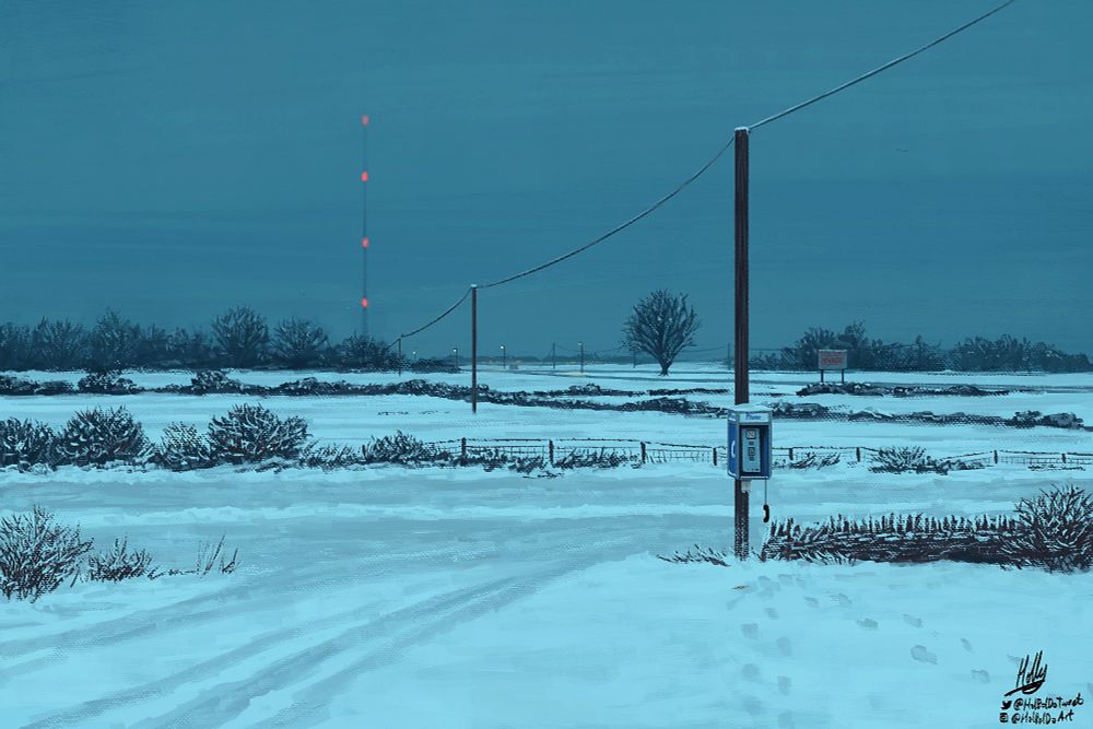 A dark evening snow scene featuring snow covered fields bordered baby hedges. An icy road crosses between them. A line of telephone poles extends into the distance, where a tall radio mast marked with red lights stands. At the base of the closest pole is a payphone with the receiver hanging by its cord. Footprints in the snow lead to and away from it.
