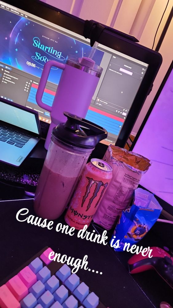 A picture of a peach monster, protein shake and a Stanley of water in preparation of another 8 hour stream of Dragon Age Veilguard