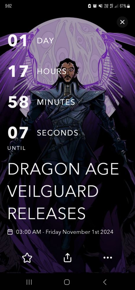 Countdown to release of Dragon Age Veilguard with Lucanis as the background - artists unknown.