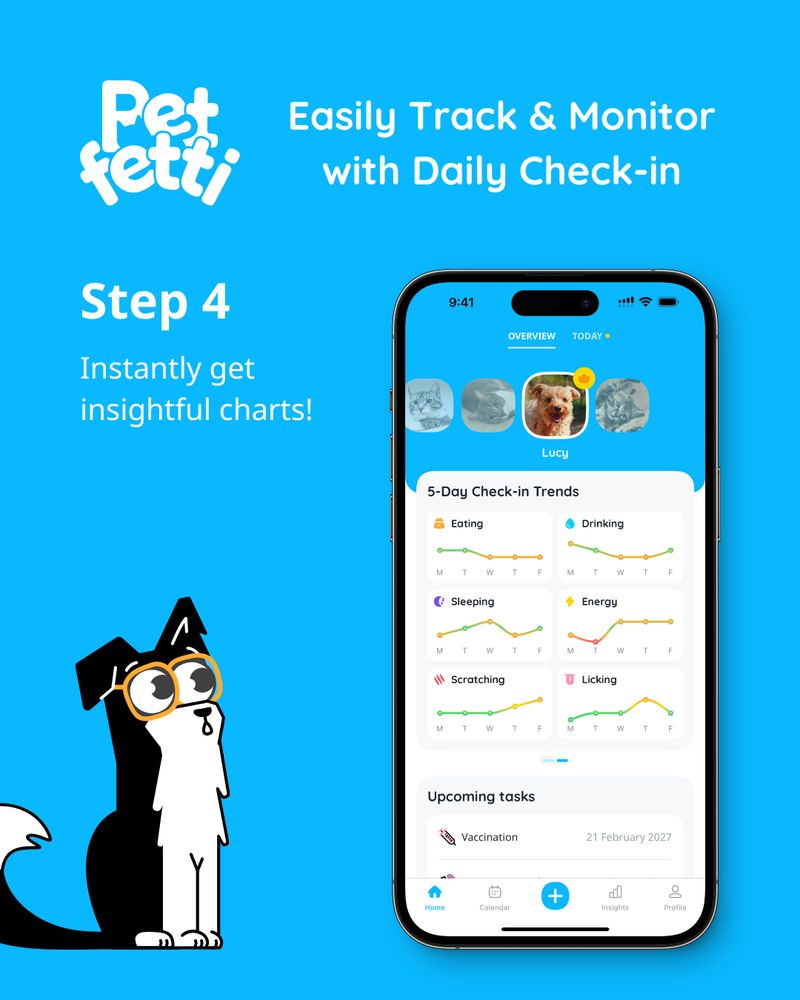 Track your pet’s health in under a minute! 🕒

Petfetti’s Daily Check-in makes it simple:
1️⃣ Select your pet
2️⃣ Record physical observations
3️⃣ Record behavioral observations
4️⃣ Get instant trends via insightful charts!

#petfettiapp