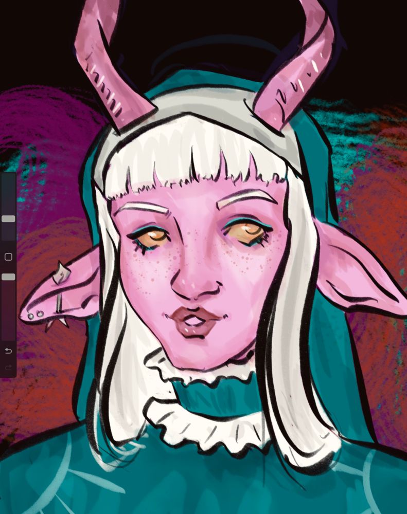 A sketch bust of Tyranny, a pink tiefling with white hair and yellow eyes, from critical role series four. 