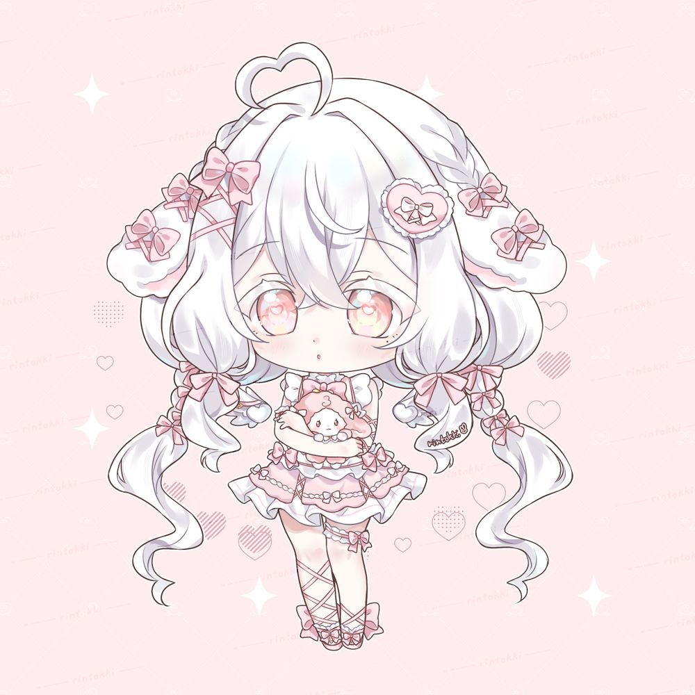 Sugar's OC holding a plushie and blushing