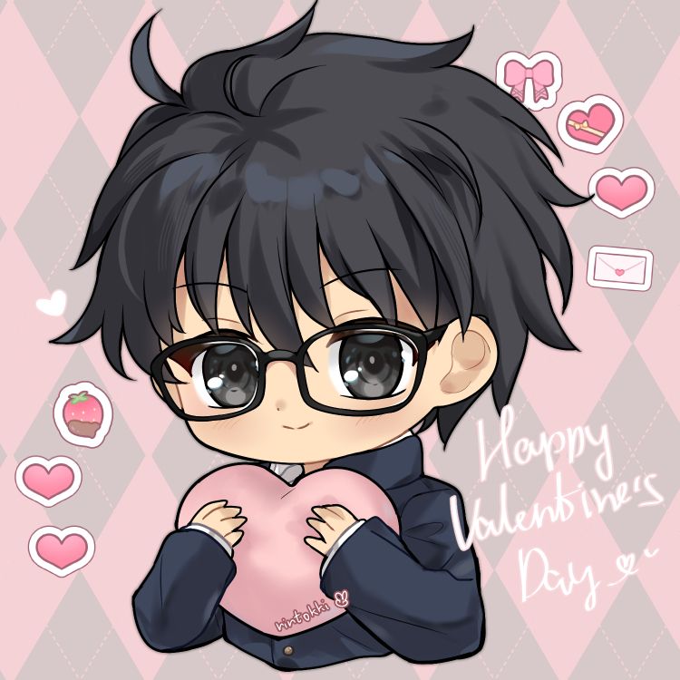 Tohno Shiki from Tsukihime, holding a heart plushie and smiling