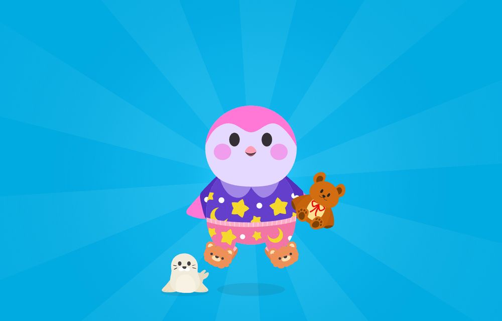 FinchApp pink and light pink bird midair with light blue background. She has purple star pajama top, pink star pajama pants, brown bear slippers, and a brown bear. A seal micropet is on the ground next to her.