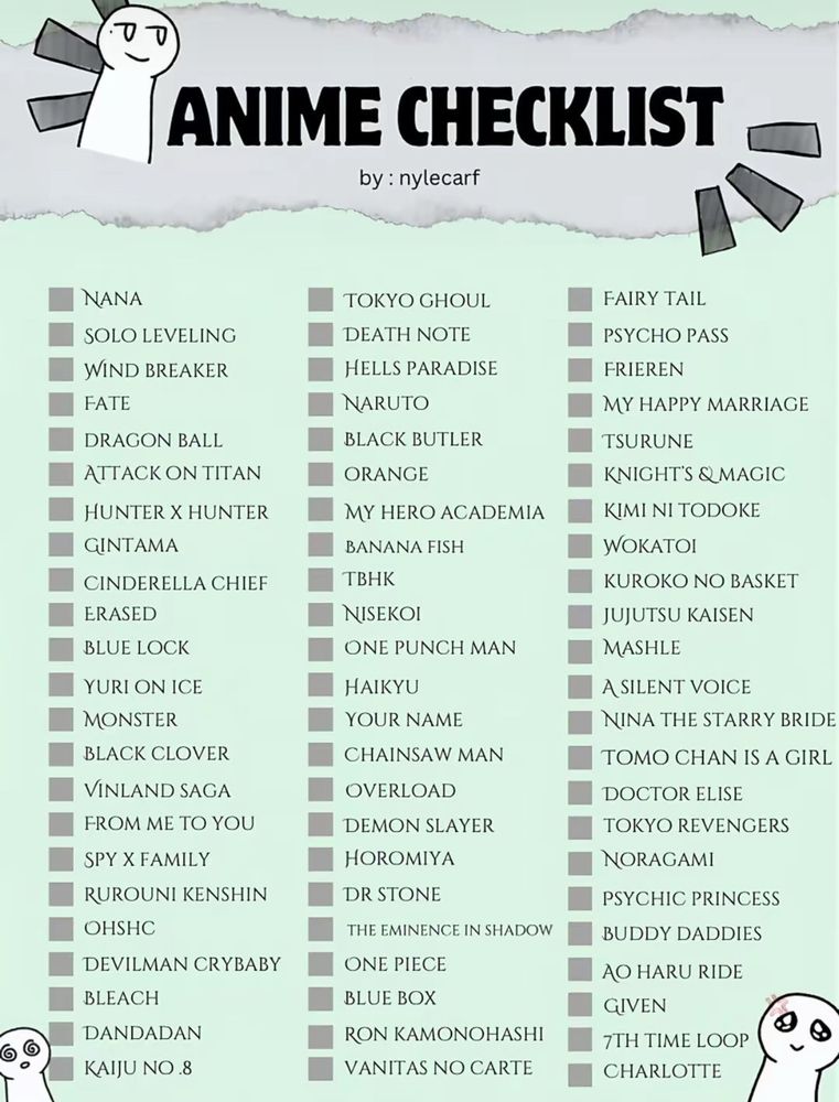 Unmarked Anime checklist by: nylecarf 
Over 60 titles of anime. Dragon Ball, Black Clover, Spy x Family, Bleach, Naruto, Orange, Dr Stone, One Piece, Frieren, Jujutsu Kaisen, Noragami are on there to name a few.