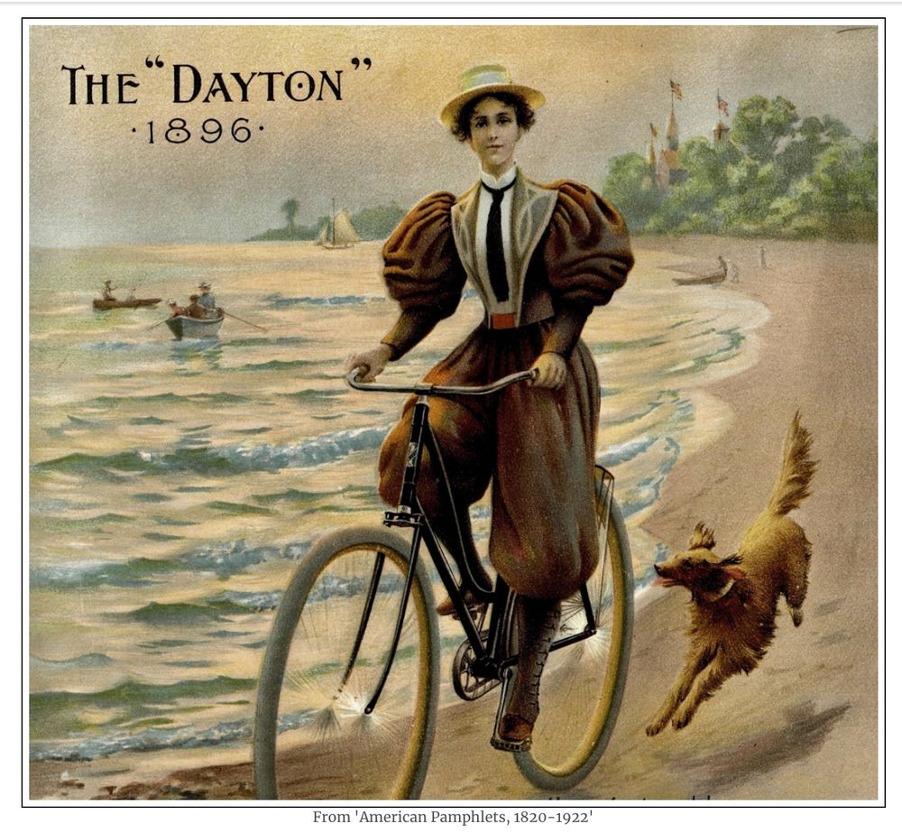 Image from advertisement for “The Dayton” bicycle, 1896, showing a woman riding along a beach in bloomers, pants.
