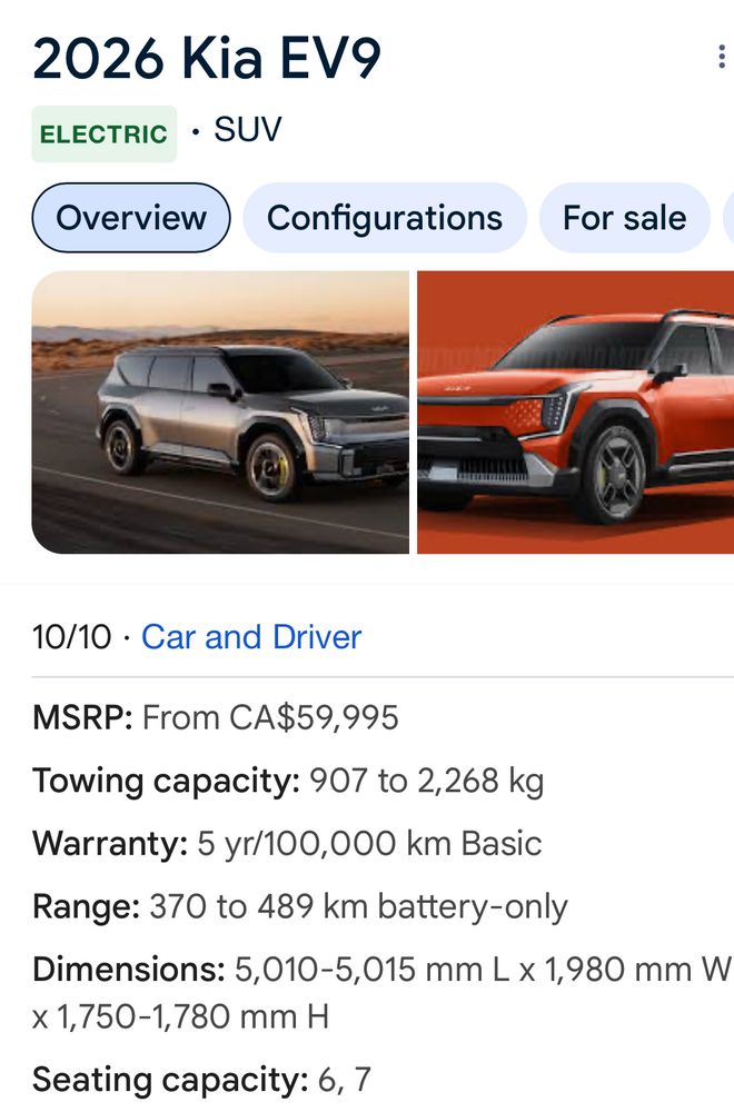 Images of Kia EV9 with dimensions and specs from Car and Driver magazine 