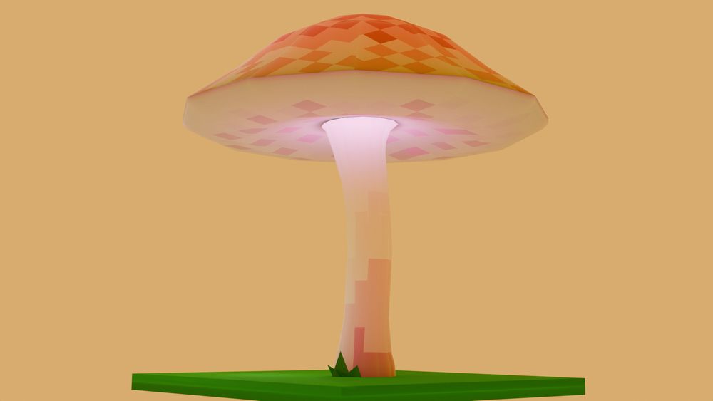 3d rendering of a low-poly mushroom lighted from within on a green surface