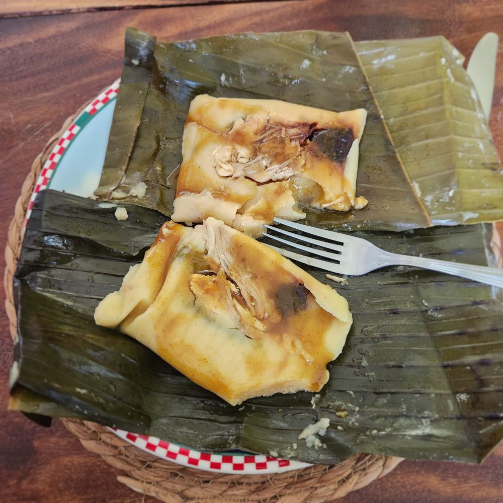 A photo of two tamales on their plantain leaf wrappings