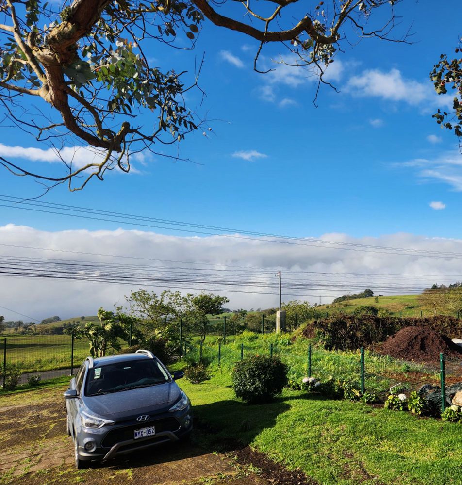 An early morning photo from my house. I live up in the mountains and the photo shows a sea of clouds beneath my point of view but blue skies above