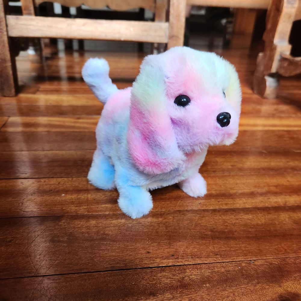 A small stuffed toy dog with rainbow-patterned fur