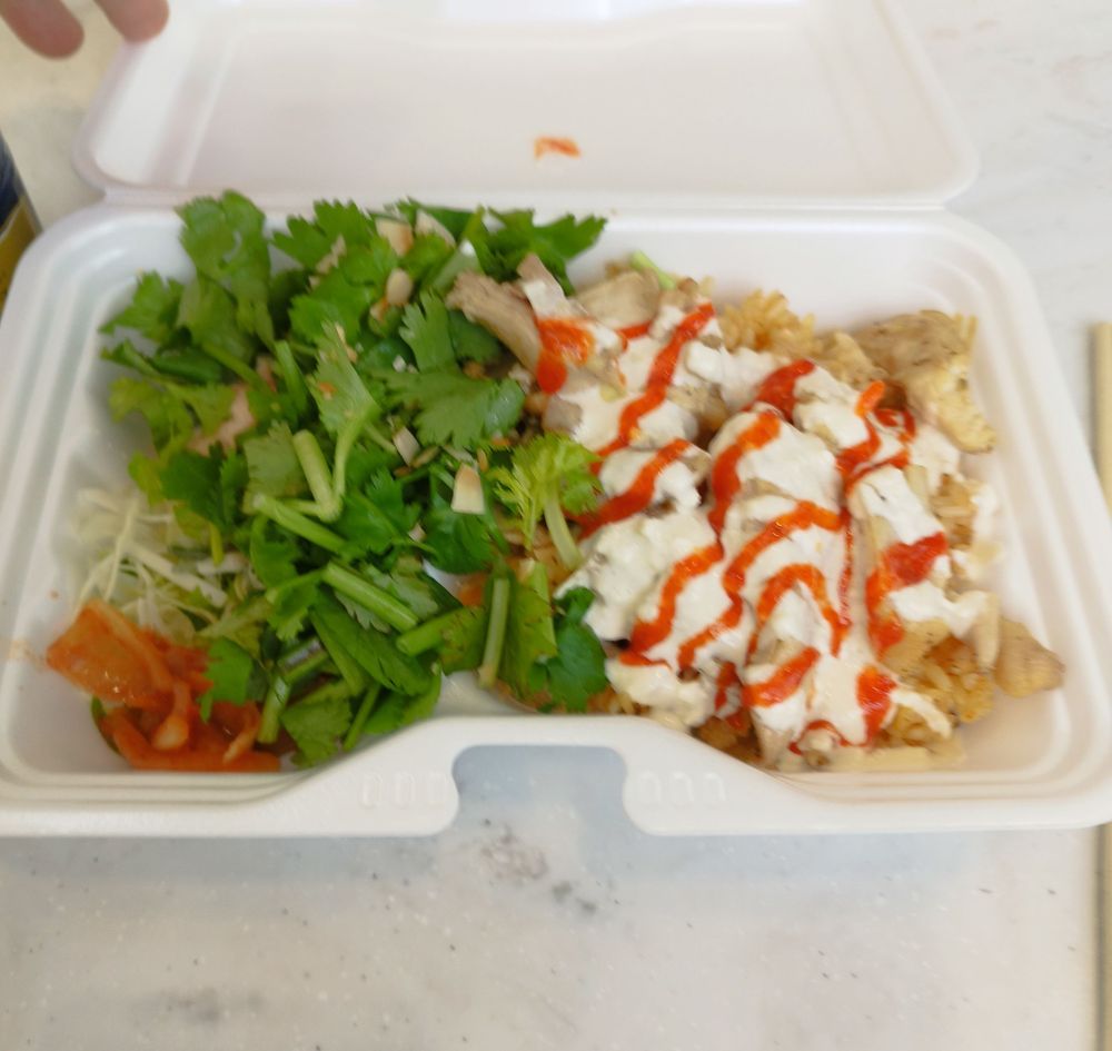 キッチンカー TENDERMAN のチキンオーバーライス パクチー追加。ハラル認証チキンだそうです。