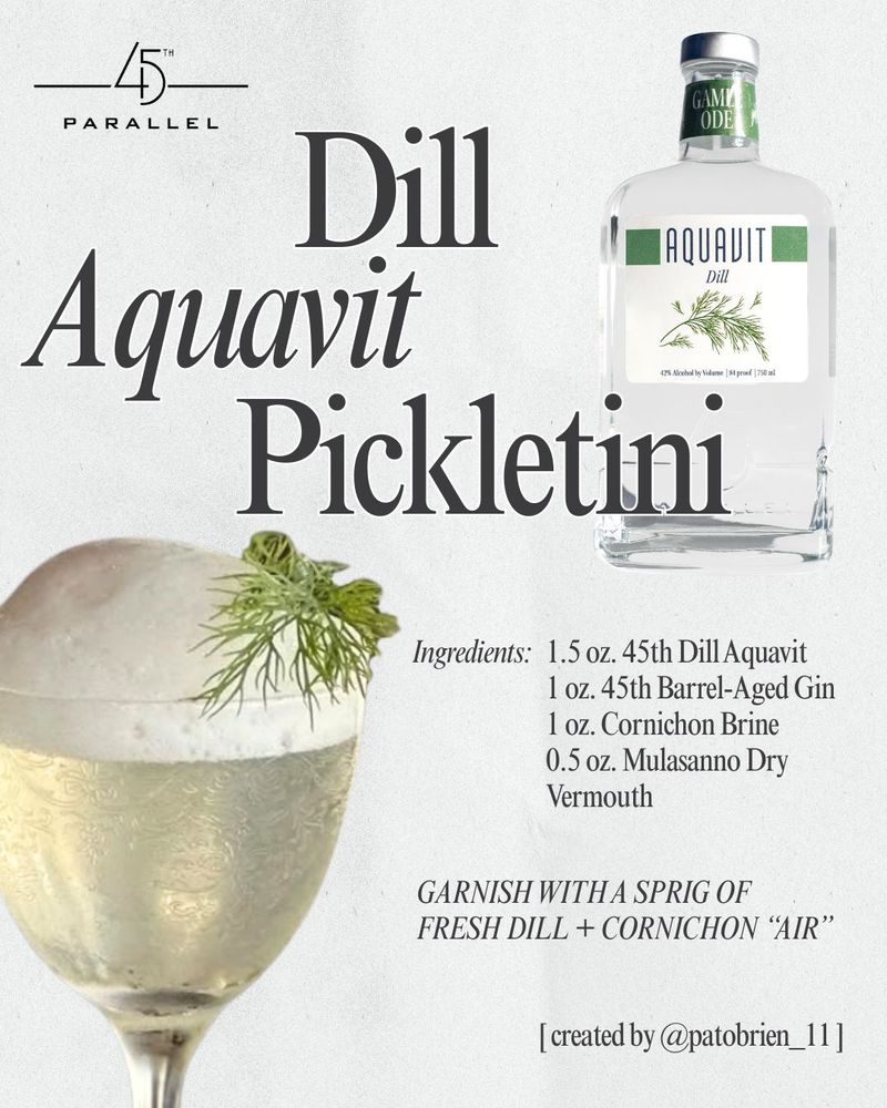 Ingredients:
1.5 oz. 45th Parallel Dill Aquavit 
1 oz. Gin (we loved the 45th Parallel Barrel-Aged Gin in it)
1 oz. Cornichon Brine
0.5 oz. Mulasanno Dry Vermouth
Garnish with a sprig of fresh dill + cornichon "air".