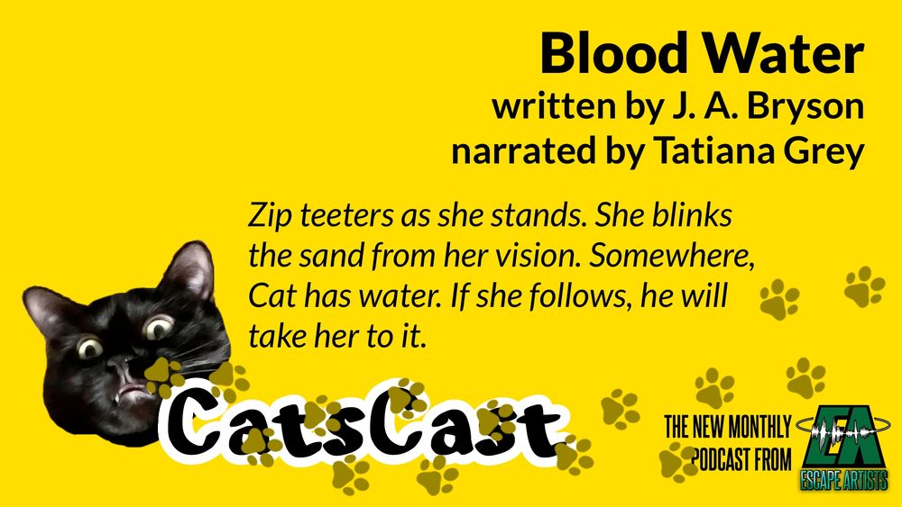 The CatsCast logo, with text: Blood Water, written by J.A. Bryson, narrated by Tatiana Grey. "Zip teeters as she stands. She blinks the sand from her vision. Somewhere, Cat has water. If she follows, he will take her to it."