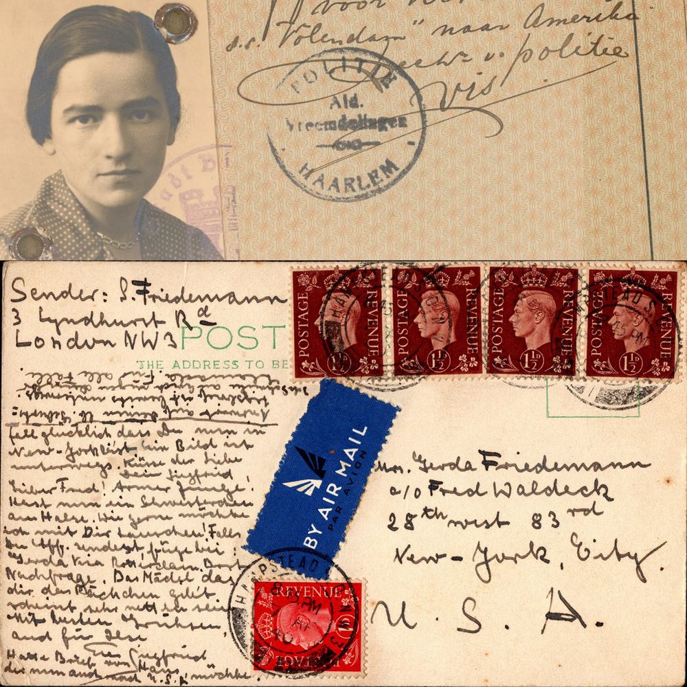 The image show two combined images. A postcard by Simon Friedmann in London to Gerda Friedmann in the USA and an immigration document probably from Gerda Friedmann. 
