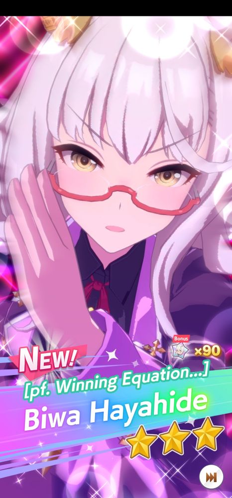 A screenshot of Biwa Hayahide from Umamusume: Pretty Derby rushing towards the viewer. There is text that reads "NEW! [pf. Winning Equation...] Biwa Hayahide" with three out of five stars near the bottom of the screenshot.